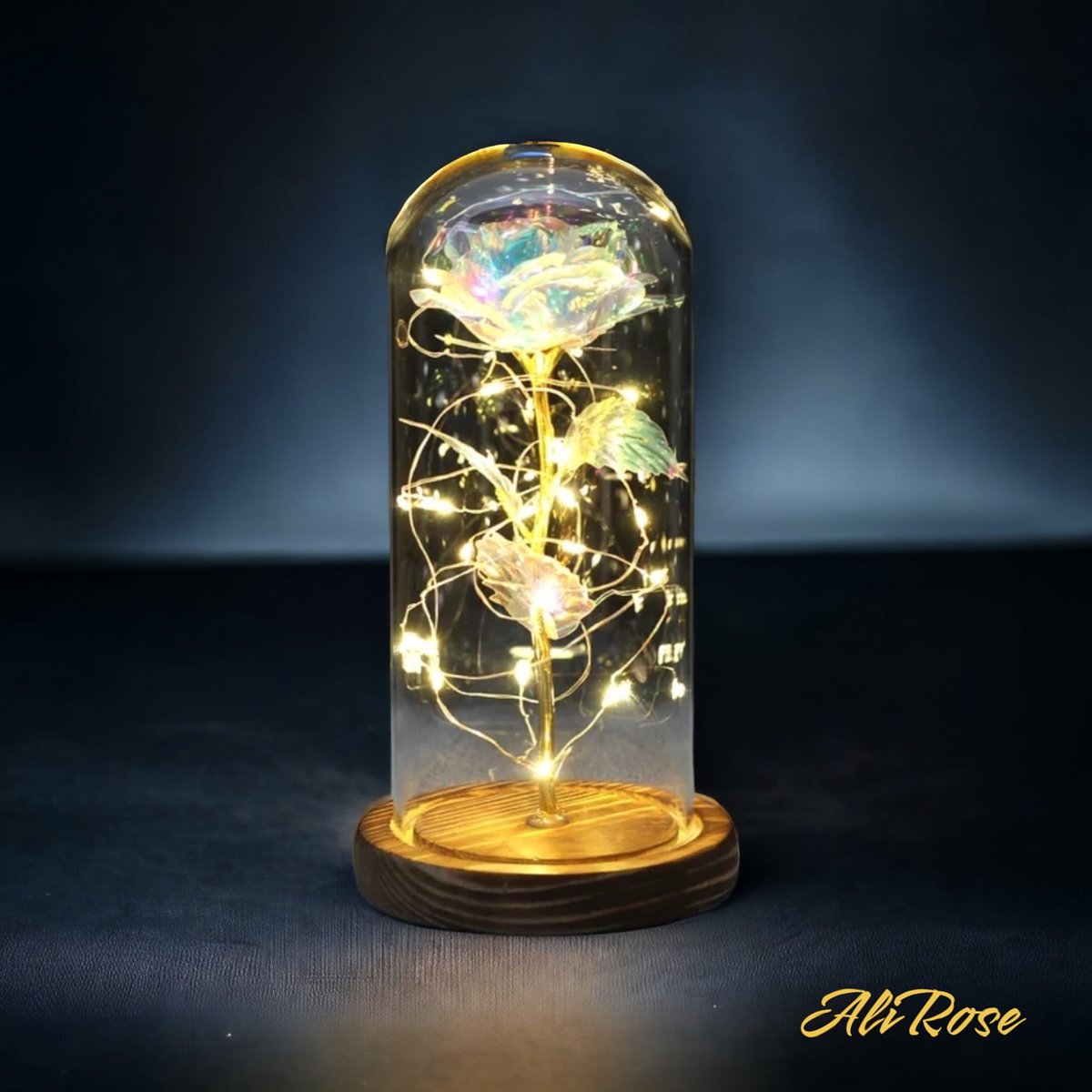 AliRose - Eeuwige Roos - Diamond Crystal - In Glazen Stolp - LED - Houten Bodem