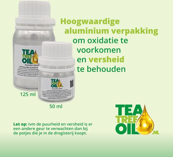 Foto: Tea tree olie 50ml eigen nl import puur natuur vers uit australi en herleidbaar naar de bron hoogwaardige aluminium verpakking om oxidatie te voorkomen en hoge versheid te behouden 