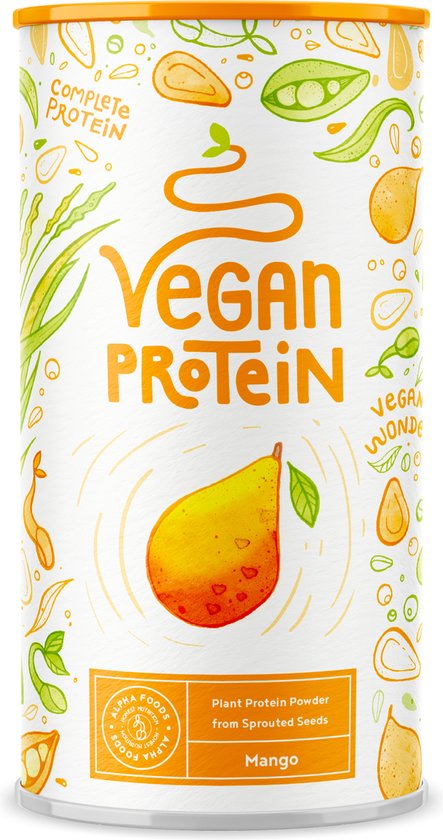 Alpha Foods Vegan Proteine poeder - Eiwitpoeder goed als maaltijdshake of ontbijtshake, Plantaardige Proteine Shake van zonnebloempitten, lijnzaad, amaranth, pompoenzaad, erwten en gekiemde rijst, 600 gram voor 40 shakes of porties, met Mango smaak