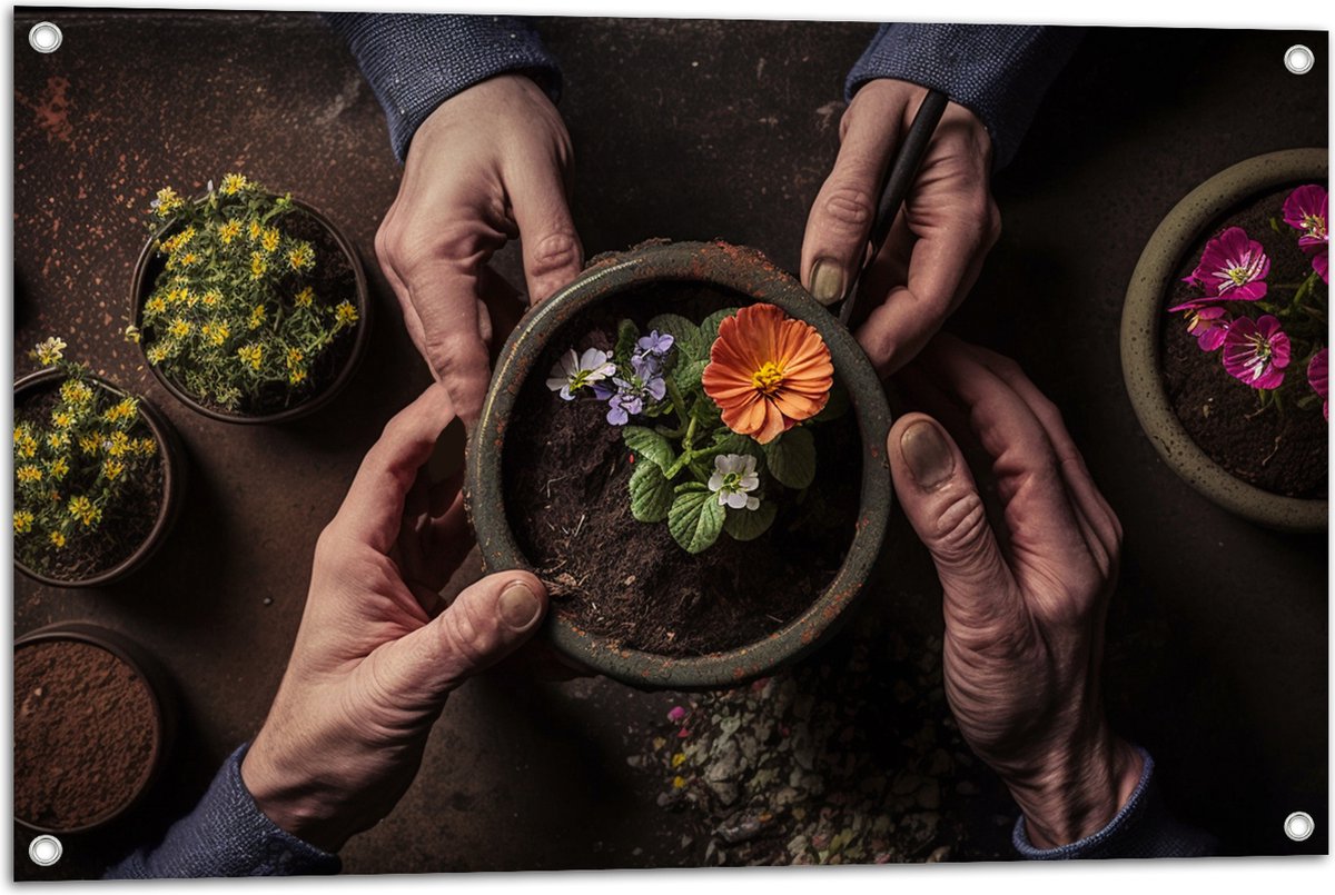 Tuinposter – Bloemen - Bloempot - Potgrond - Handen - 90x60 cm Foto op Tuinposter (wanddecoratie voor buiten en binnen)
