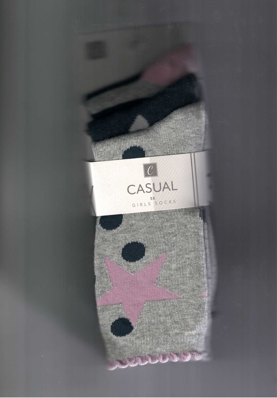 sokken voor Meisjes - casual - 6 pack - gekarteld afwerking - Roze/Grijs/Blauw - maat 35/38 - HQ - Geschikt onder broek, Rokje, Short