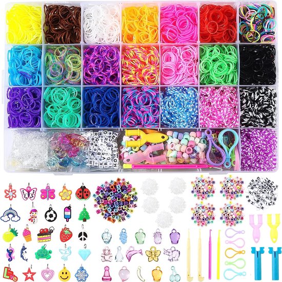 Inscraft 17500 rubberen weefgetouwbanden met 3 lagen roze container, 28 kleuren, 600 S-clips, 352 kralen, 40 cartoonhangers, armband maken navulset voor kinderen
