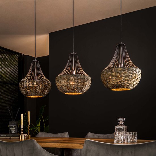 Lampe de table à manger rurale 3 lumières cône jacinthe d'eau | Nickel noir