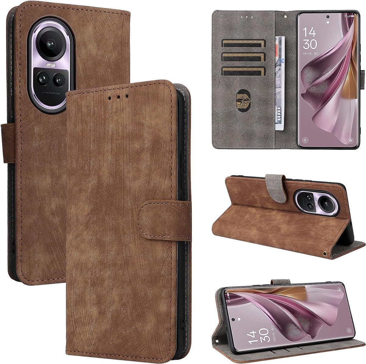 Geschikt voor Oppo Reno 10 / 10 Pro - Magnetisch - Schokabsorberend - Book Case Hoesje - Bruin
