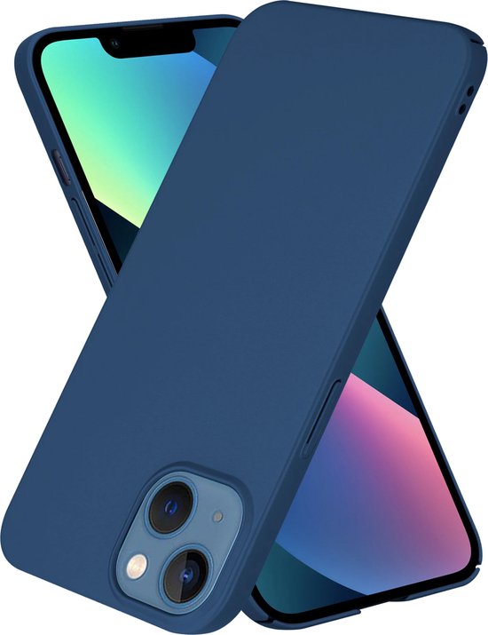 Donkerblauw telefoonhoesje voor iPhone 13 mini, in een gestileerde pose.