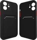 Zwarte iPhone hoes, voorkant en achterkant, met kaarthouder en rode knopaccenten.