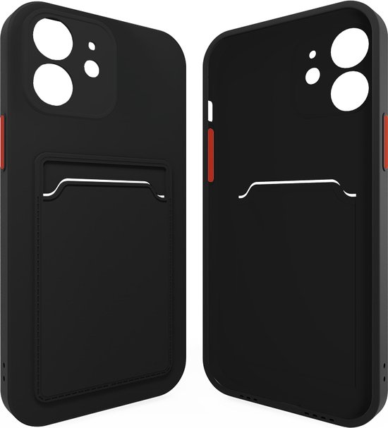 Zwarte iPhone hoes, voorkant en achterkant, met kaarthouder en rode knopaccenten.