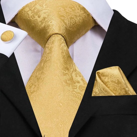 Cravate Sorprese avec pochette de costume et Boutons de manchette - Paisley Goud - 8cm - 100% Soie - Pochette