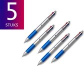 Pack 5x Vierkleuren Balpen - Zilver / Blauw - Vier Kleuren Pen- Inkt Rood Blauw Groen Zwart