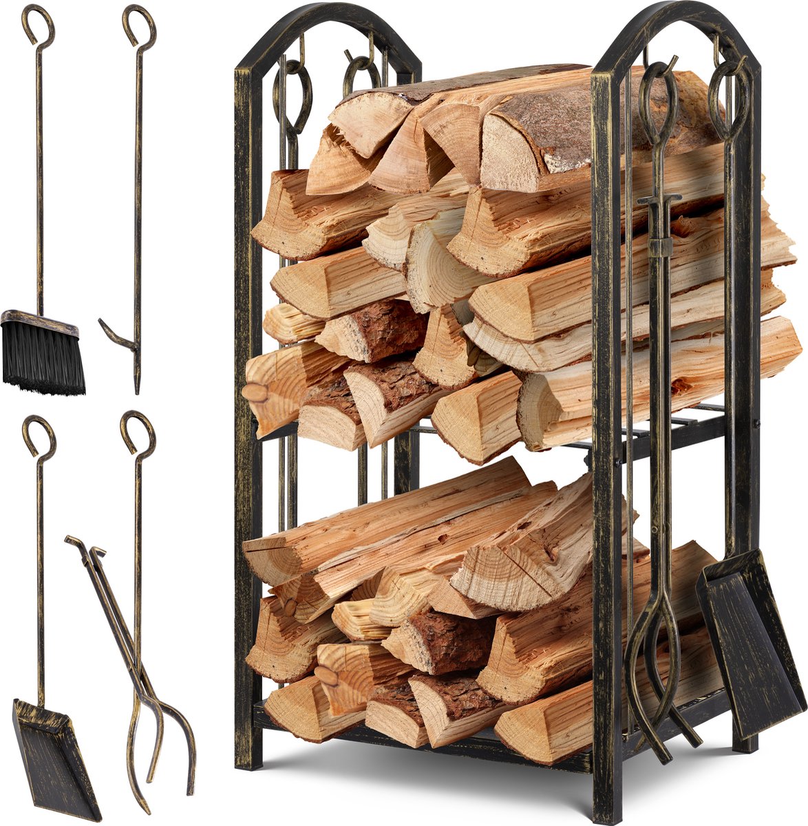 KESSER® Brandhoutrek 5-Delige Set Brandhoutrek Binnen en Buiten Metaal 2 Niveaus met 4 Haardgereedschappen voor Haard & Kachel, Staal 40x30x74,5cm Verstelbaar - Goud / Zwart