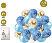 FeestmetJoep® Ballonnen - 60 stuks Blauw marmer & goud Helium Ballonnen met Lint – Verjaardag Versiering - Decoratie voor jubileum, Gender reveal & Babyshower jongen - Vrijgezellenfeest - Trouwfeest - Geslaagd feest - Geschikt voor Helium en Lucht