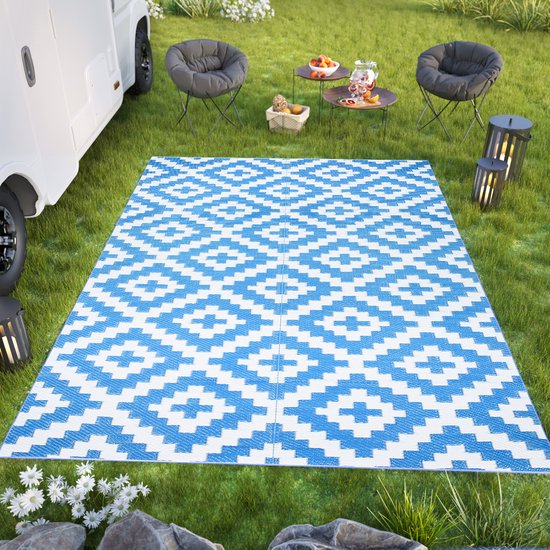 Tapiso Ibiza Buitenkleed Blauw Outdoor Buitenmat Picknick Kleed Maat- 150x240