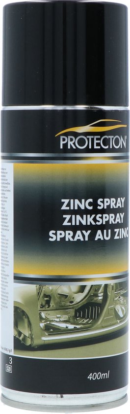 Protecton zinkspray in blik met tekst 'ZINC SPRAY ZINKSPRAY SPRAY AU ZINC' en afbeelding van auto-onderdelen. 400ml.