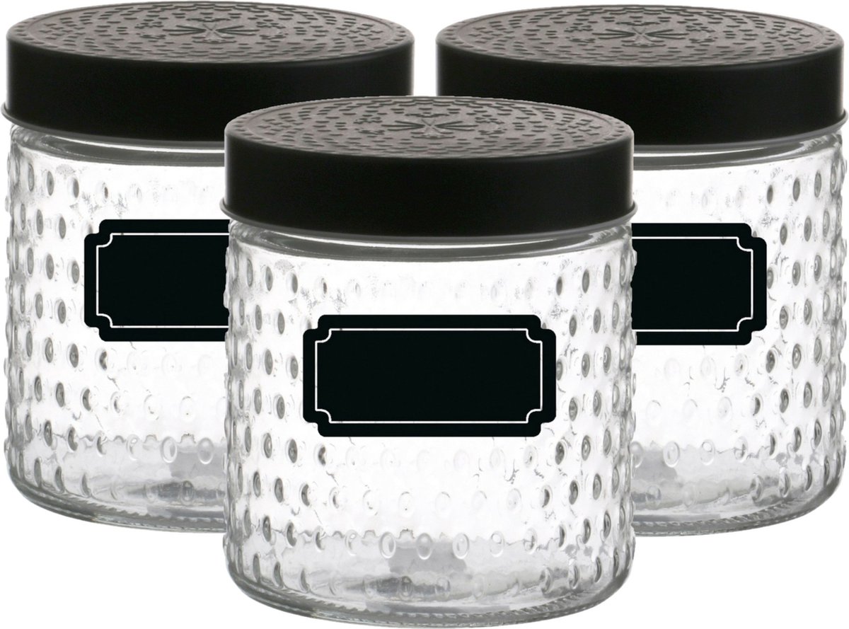 Voorraadpot/bewaarpot Roma - 6x - 500 ml - glas - zwart - incl. etiketten