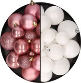 Kerstballen 60x stuks - mix oudroze/wit - 4-5-6 cm - kunststof - kerstversiering