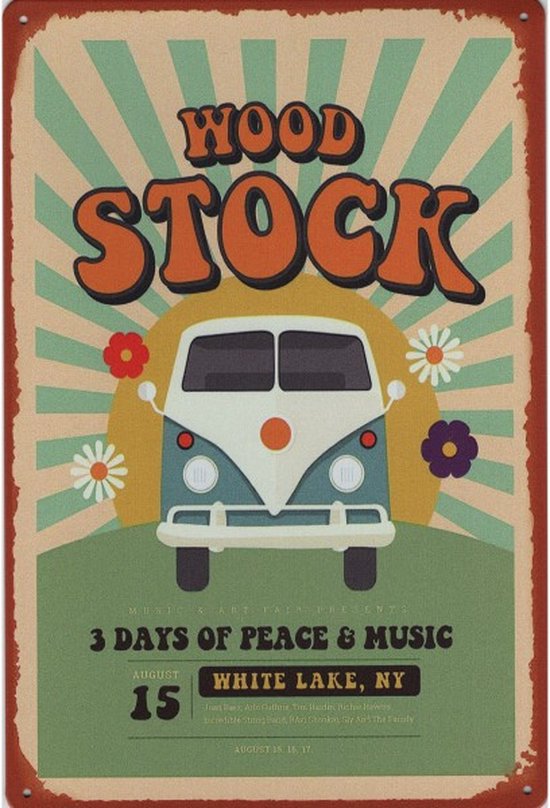 Foto: Wandbord muziek flower power woodstock 3 days of peace and music