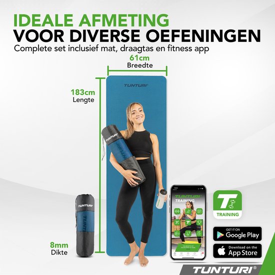 Tunturi Yoga Mat 8mm - Pilates mat - Extra dikke fitness mat - 183x61x0,8 cm - Incl Draagtas - Ecologisch materiaal - Eenvoudig te reinigen - Petrol Blauw van Tunturi — afbeelding 2