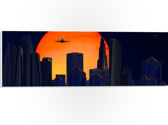 PVC Schuimplaat - Vliegtuig Vliegend boven Wolkenkrabbers naar de Horizon - 60x20 cm Foto op PVC Schuimplaat (Met Ophangsysteem)