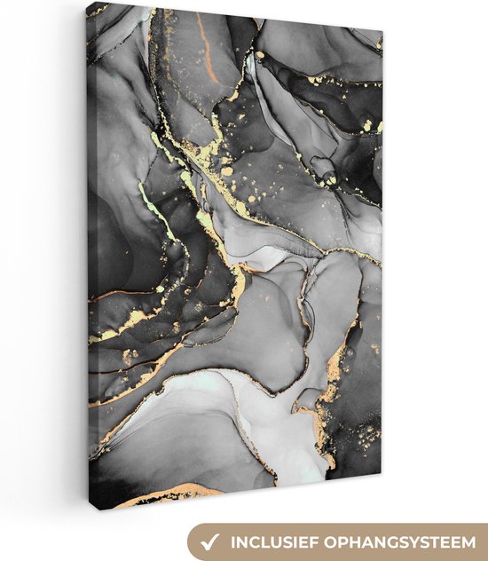 Canvas Schilderij Marmer - Zwart - Goud - Grijs - 80x120 cm - Wanddecoratie