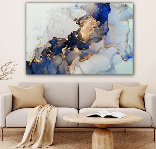 Toile Peinture Marbre - Blauw - Or - 140x90 cm - Décoration murale