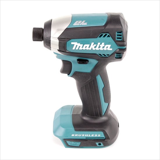 Makita slagschroevendraaier met zwarte grip, turquoise accenten en zilveren details.