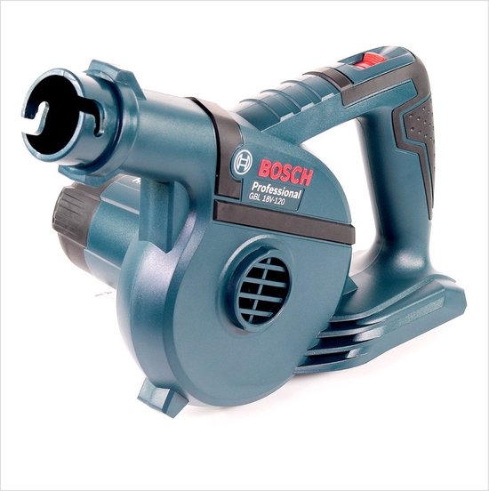 Detail van een blauwe Bosch Professional GBL 18V-120 bladblazer, zonder mondstuk.