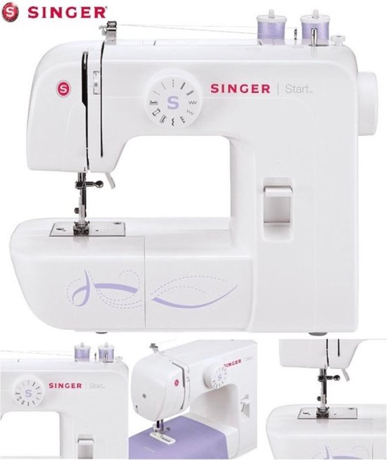 Witte Singer Start naaimachine met paarse decoratieve lijnen, close-up weergaven.