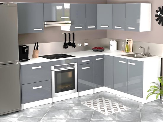 Cuisine D'Angle LASSEN 240x165cm - Gris Matera - Plan De Travail Inclus