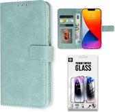 Casemania Hoesje Geschikt voor Apple iPhone 15 Pro Licht Blauw & Volledig Dekkend Screenprotector- Portemonnee Book Case - Kaarthouder & Magneetlipje