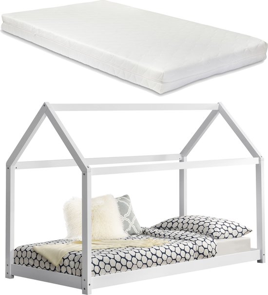 Kinderbed Suzan - Huisbed - Met bedbodem en matras - 90x200cm - Wit - Jongensbed - Meisjesbed - Modern Design