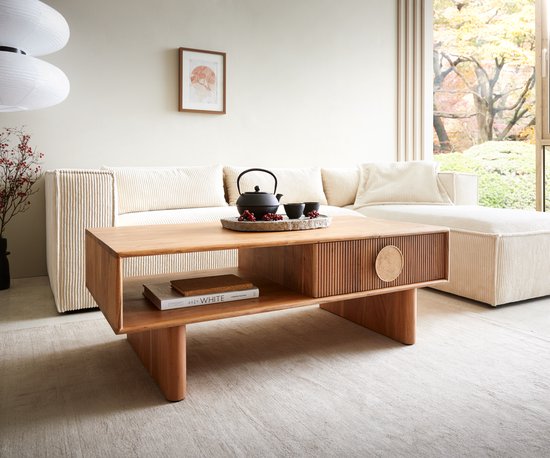 Table d'appoint Surimu acacia marron clair 115x60 cm 2 tiroirs poignée liège pieds bois table basse