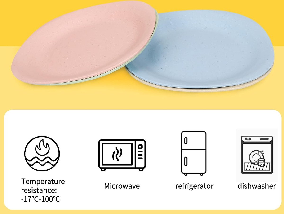Assiettes Plastique ICEBLUEOR Lot De 4 - 20,1cm Incassables, Lave-vaisselle, Couleurs Variées