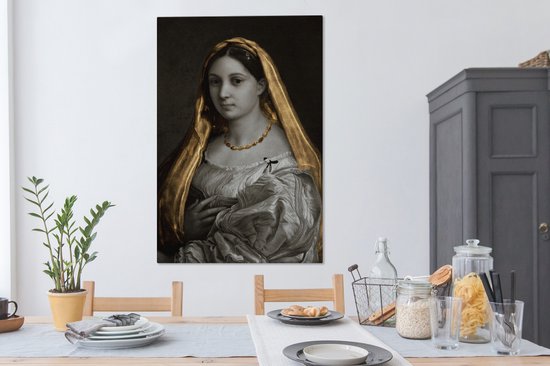 Canvas doek - De gesluierde vrouw - Goud - Kunst - 90x140 cm - Oude meesters - Raffaeolo Sanzio - Tinten - Woonkamer