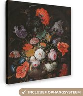 Canvas Schilderij Stilleven met bloemen en een horloge - Schilderij van Abraham Mignon - 50x50 cm - Wanddecoratie