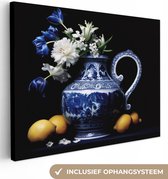 Peinture sur toile Nature morte - Cruche - Bleu de Delft - Fruits - Fleurs - 40x30 cm - Décoration murale