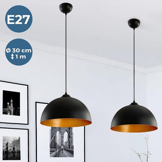FRIDEKO LOT 2 Suspensions Luminaires Industrielles - Abat-jour Noir Et Or - E27 - Pour Cuisine, Salle à Manger