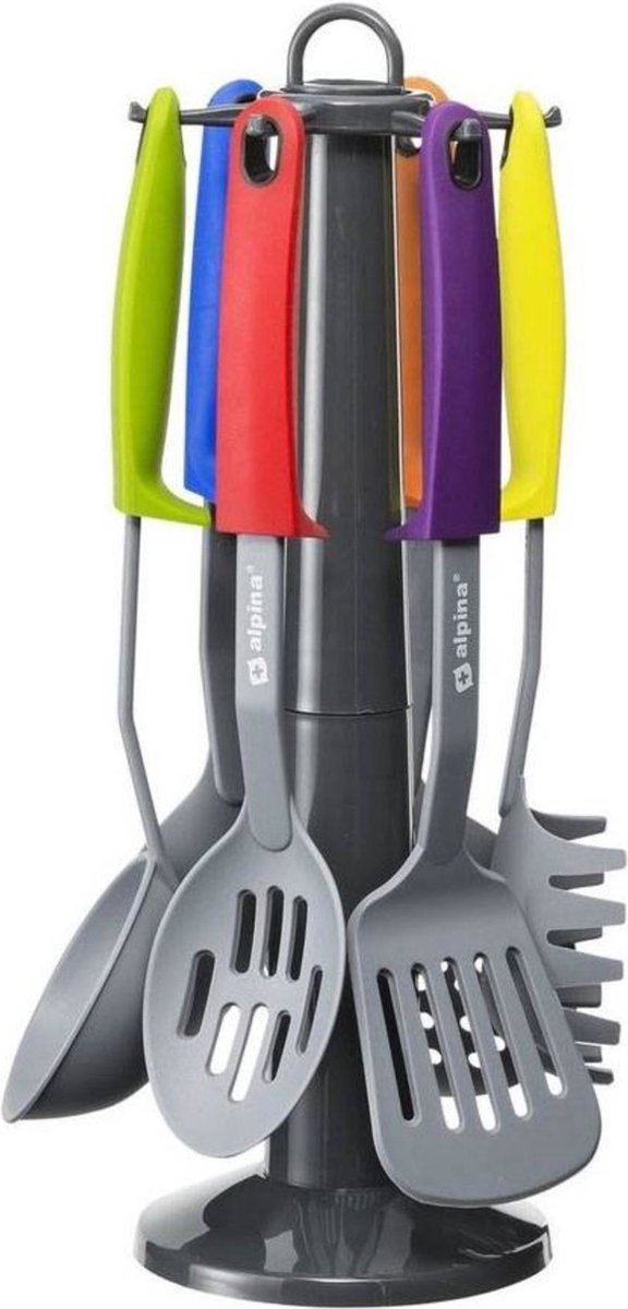 Alpina 7Pcs Multi-Coloured Nylon Kitchen Essential Utensils Set with Stand  Spoon