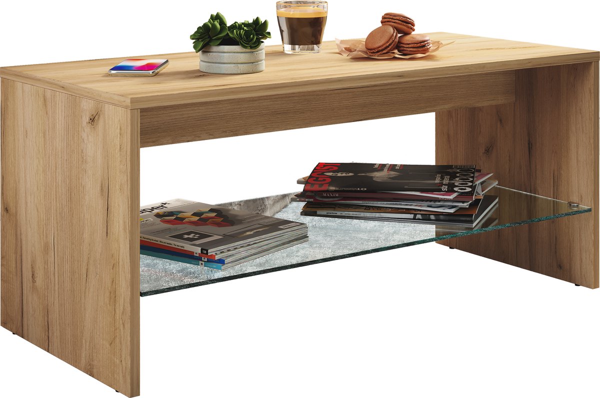 Vcm Houten salontafel Sofa-tafel Woonkamertafel Bijzettafel Glas Wisal Honing eik