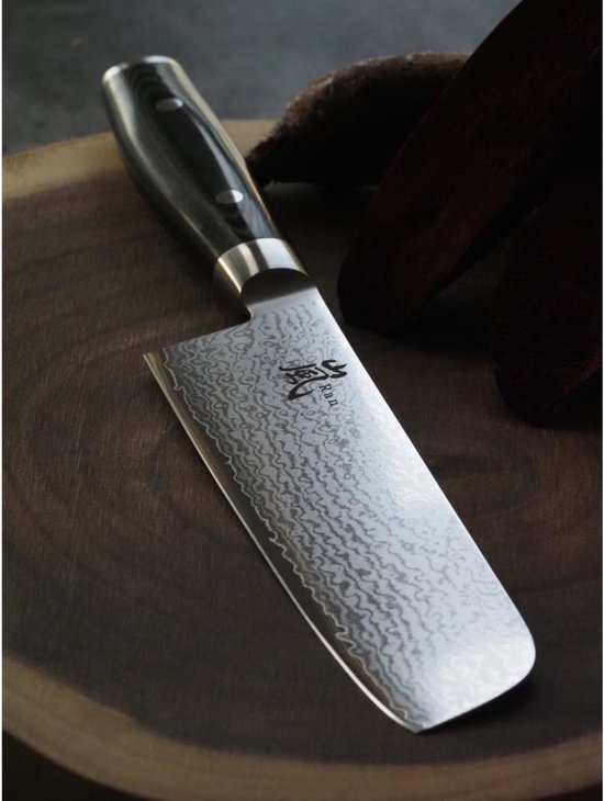 Yaxell Japonais - Série Ran - Couteau de Chef Nakiri - Acier VG10 - 61 HRC - Lame 16,5 cm - 69 Couches d'Acier Damassé - Toile-Micarta Heft