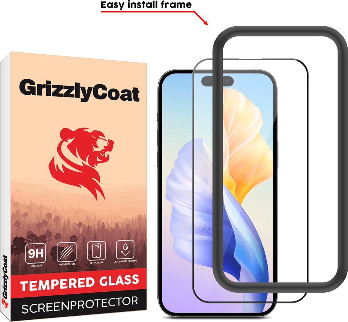 GrizzlyCoat - Screenprotector geschikt voor Apple iPhone 15 Glazen | GrizzlyCoat Easy Fit Screenprotector - Case Friendly + Installatie Frame - Zwart