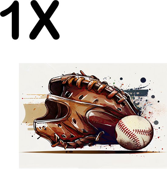 BWK Textiele Placemat - Getekende Honkbal met Handschoen - Set van 1 Placemats - 40x30 cm - Polyester Stof - Afneembaar