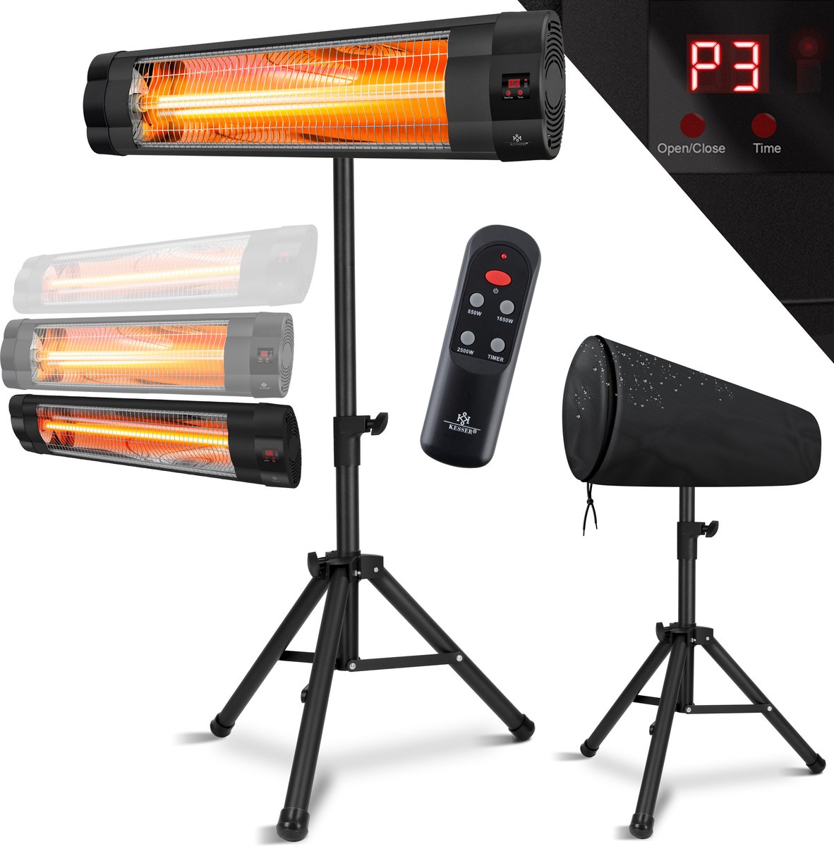 KESSER® Infraroodstraler - Terrasverwarmer - Infrarood Verwarming - Patiostraler 2500W met afstandsbediening incl. beschermhoes in hoogte verstelbare telescoopstandaard Wikkeltafel Kwartsstraler - 2500W met afstandsbediening (Zwart)