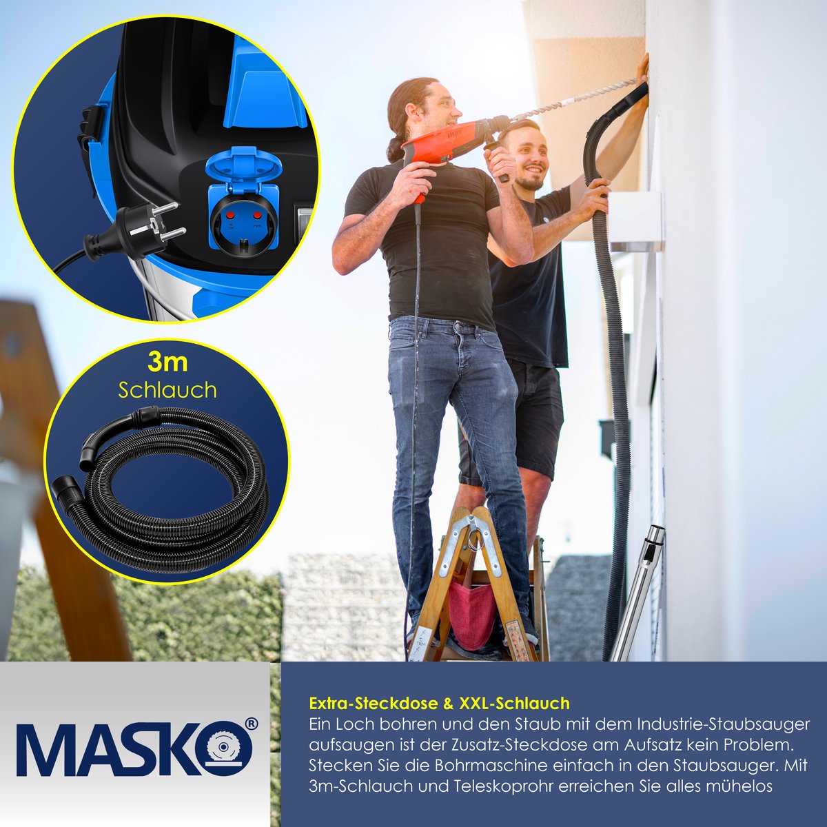 MASKO® Alleszuiger Nat- en Droogzuiger 1800W + stopcontact, Blaasfunctie, Droog- & natzuigen | Industriële stofzuiger vuilreservoir 30L Bouwstofzuiger - Blauw – foto 5
