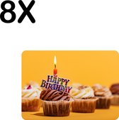 BWK Flexibele Placemat - Happy Birthday - Verjaardag Cupcake met Geel Oranje Achtergrond - Set van 8 Placemats - 35x25 cm - PVC Doek - Afneembaar