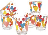 Set van 6 kleurrijke waterglazen, bedrukt, van glas, gemaakt in Italië, inhoud 25 ml, harten