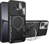 Hoesje met Camera Slider Geschikt voor de Xiaomi 13 - Back Cover met Standaard - Beschermhoes TPU - Uitklapbare Kickstand Ring - Magneet voor Auto Houder Zwart