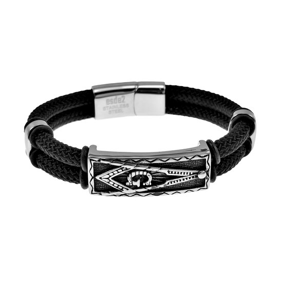 21cm x 12mm Armband Heren - Vrijmetselaar Armband - Roestvrij Staal - Zwarte Nylon Armband