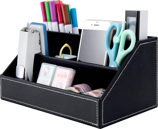 Porte-télécommande 5 Poches Rangement Bureau Porte-Télécommande 5 Poches - Rangement Bureau Et Salon - Cuir Et Carton Dense - Noir 21.5x7.5x12cm Boite Telecommande Tv