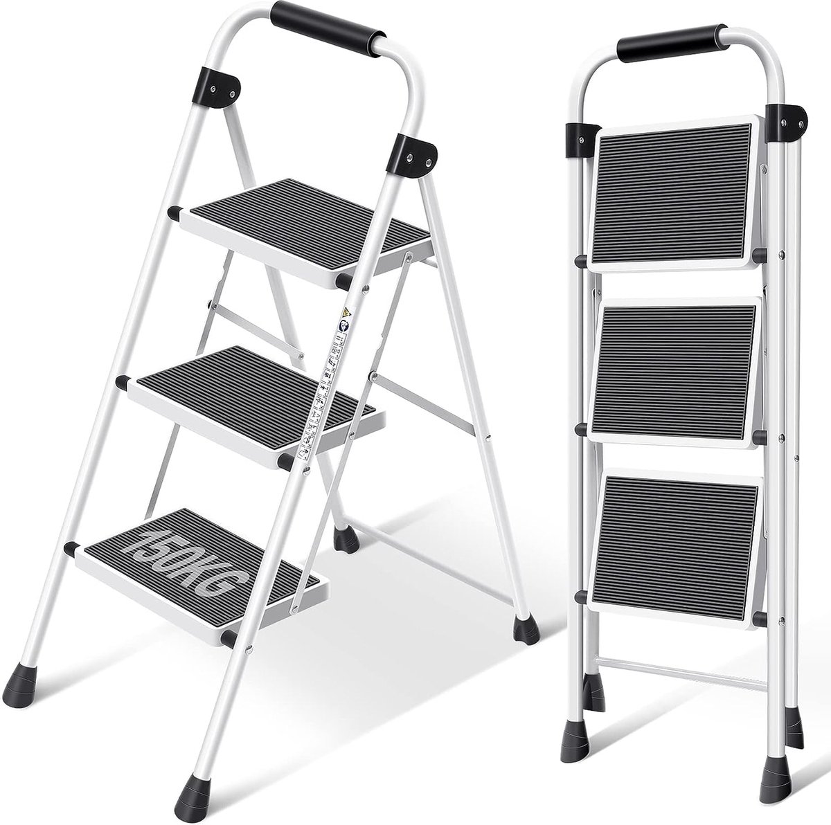 3 treden ladder, vouwladder met antislip en breed pedaal, kleine ladder met handgreep, robuuste stalen ladder, lichte en draagbare trapladder, wit