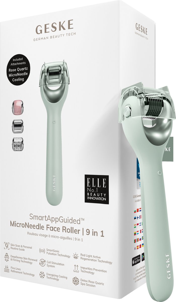 GESKE | SmartAppGuided™ MicroNeedle Face Roller | 9 in 1 | met rozenkwarts | Microneedling | Professioneel Microneedling-apparaat | Naaldroller | Schoonheidsrollergezicht | Micronaaldroller